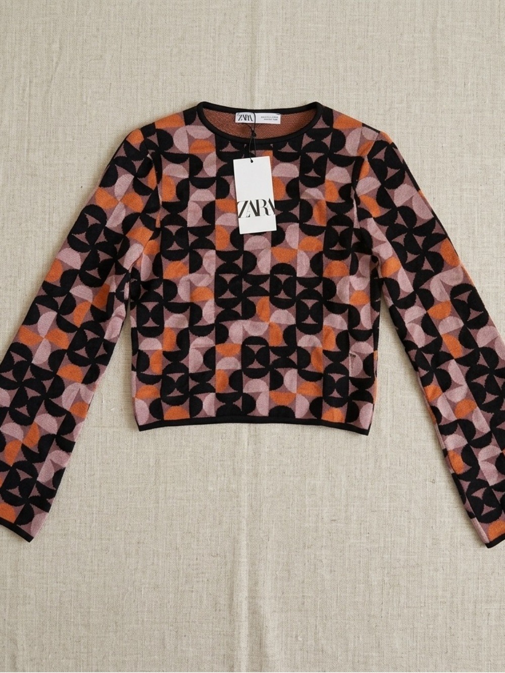 Zara Orange Black Geometric Jacquard Knit Sweater Retro Crop Bell Sleeve Small